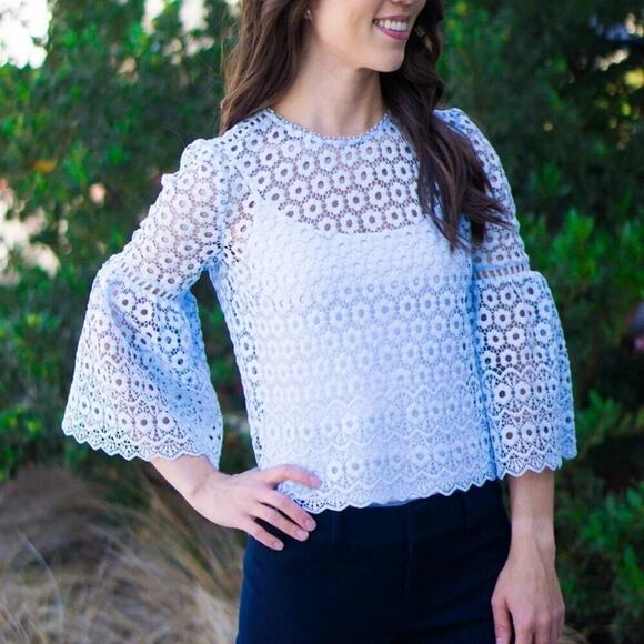 J. Crew Daisy Eyelet Bell Sleeve Blouse Jewel Neck Back Zip Up 10 Baby Blue - Picture 11 of 15